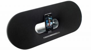 Philips Fidelio DS9000/10 speaker dock with an iPhone docked.