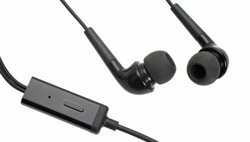 Black in-ear headphones with inline remote control.