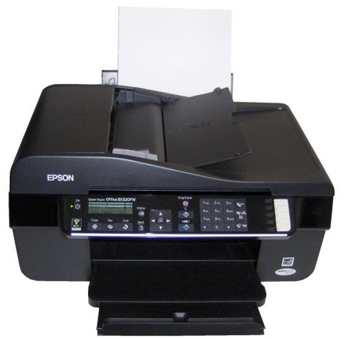 Epson Stylus Office BX320FW multifunction printer with paper.