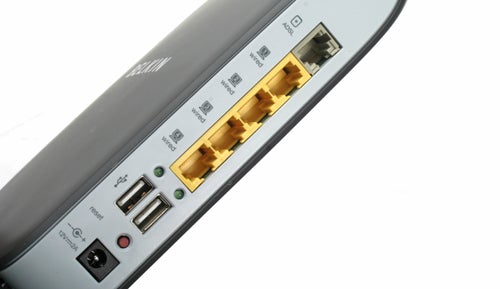 Close-up of Belkin Play Max wireless router's ports.