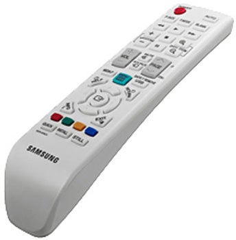 Samsung SP-F10M projector remote control on white background.