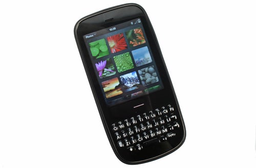 Palm Pixi Plus smartphone displaying colorful screen icons.