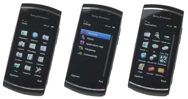 Three Sony Ericsson Vivaz Pro phones displaying different menu screens.