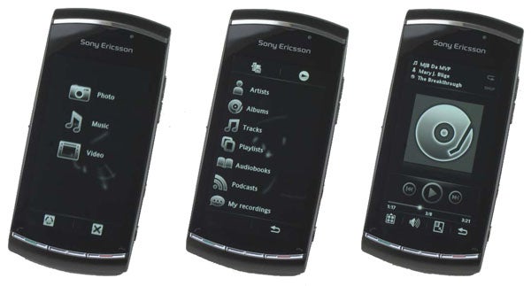 Three Sony Ericsson Vivaz Pro phones showing different menu screens.