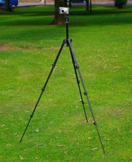 Manfrotto 732CY tripod with camera mounted, outdoors.