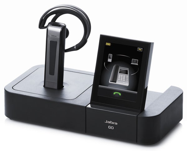 Jabra Go 6470 wireless headset with touchscreen base station.