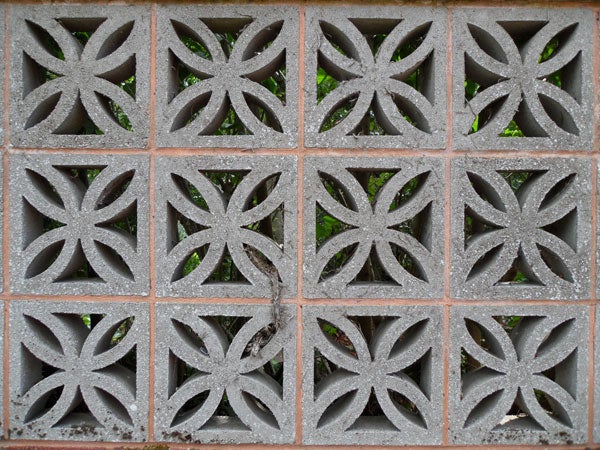 Decorative concrete block wall pattern with foliage behind.