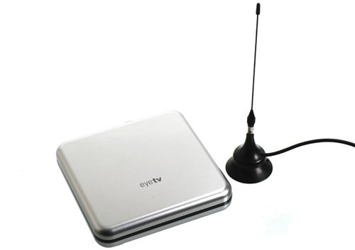 Elgato EyeTV NetStream DTT with antenna on white background.
