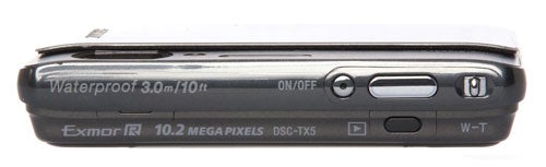 Sony Cyber-shot DSC-TX5 camera side view showing waterproof label.