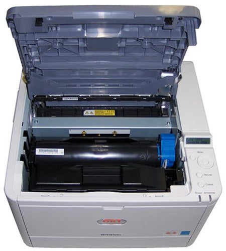 OKI B431dn printer open showing toner cartridge and internals