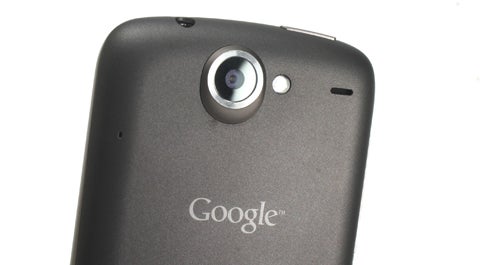 Close-up of Google Nexus One smartphone camera and branding