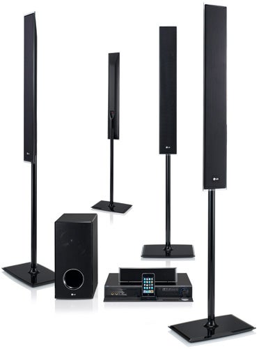 LG HB965TZ home theater system with tall speakers.