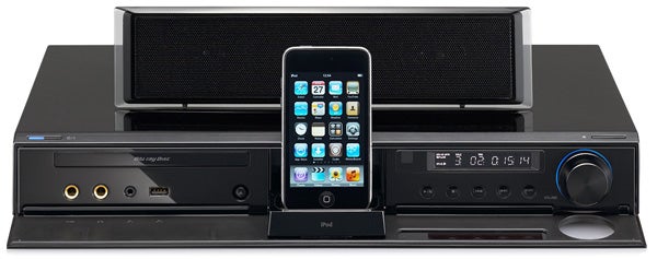 LG HB965TZ home theater system with iPhone docked.