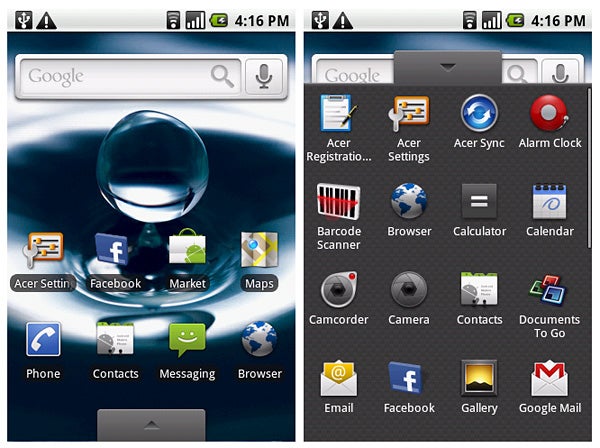 Acer beTouch E400 smartphone interface screenshots.