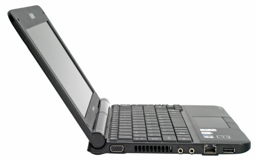 Toshiba NB250 netbook with open lid showing keyboard and screen.