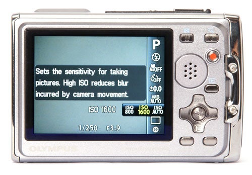 Olympus mju-Tough 6020 camera displaying ISO settings on screen.