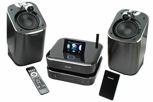 Philips MCi900 sound system with speakers, remote, and dock.