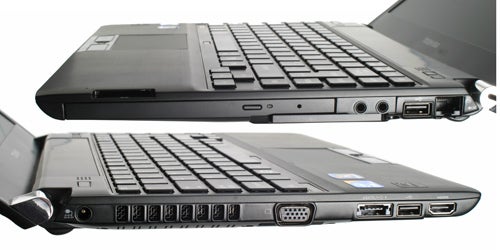 Toshiba Portege R700 laptop showing ports and slim design.