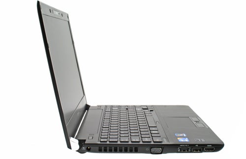 Toshiba Portege R700 laptop side view showing ports and keyboard.