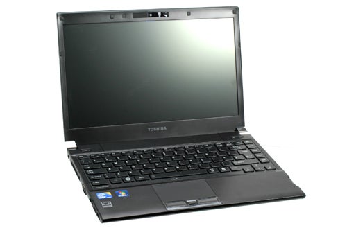 Toshiba Portege R700 laptop on a white surface.