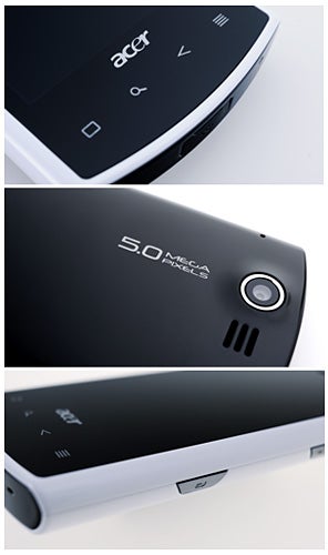 Collage of Acer Liquid E smartphone details and features.