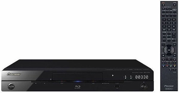 Pioneer BDP-330 Blu-ray player with remote control.