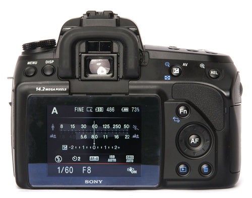 Sony Alpha A450 DSLR camera with lens front view.Sony Alpha A450 DSLR camera back view showing LCD screen and buttons.