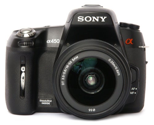 Sony Alpha A450 DSLR camera with lens front view.