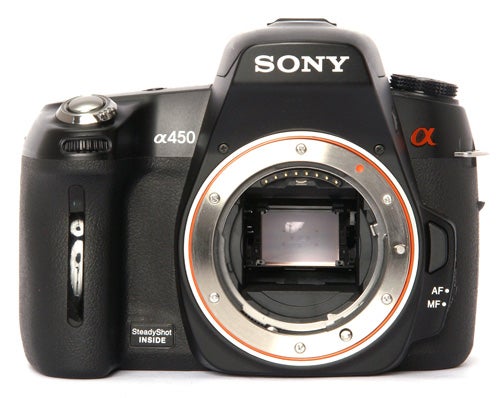 Sony Alpha A450 DSLR camera without lens front view.
