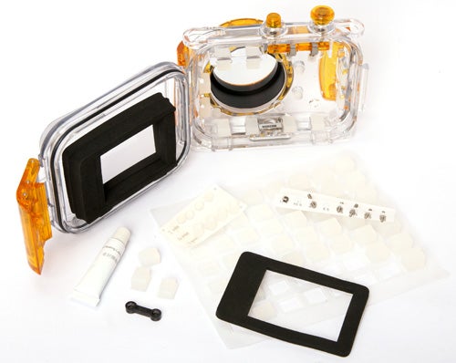 Seashell SS-1 Waterproof Camera Case with accessories on white background.