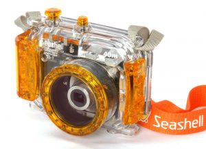 Seashell SS-1 Waterproof Camera Case with orange strap.