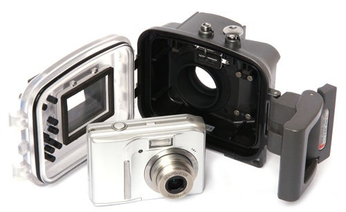 Epoque EHD-900 Ai underwater camera with housing and strobe arm.