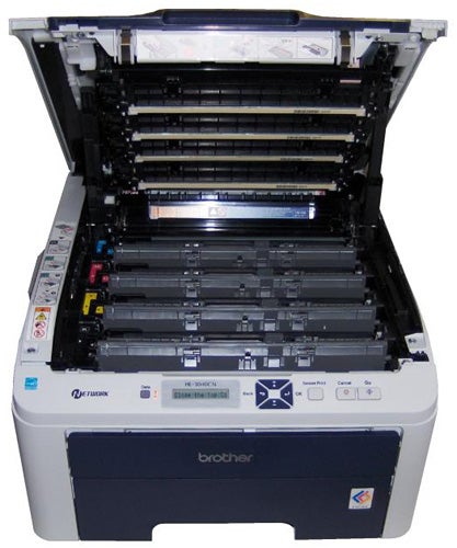 Open Brother HL-3040CN printer showing toner cartridges.