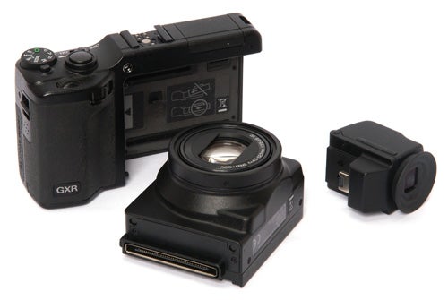 Ricoh GXR camera system with detachable lens and sensor unit.