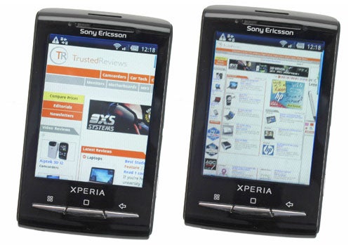Sony Ericsson X10 mini smartphones displaying web pages