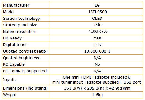 Specifications chart for the LG 15EL9500 OLED television.