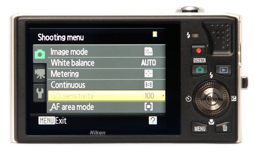 Nikon Coolpix S8000 camera with open shooting menu screen.