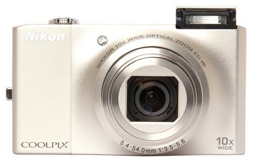 Nikon Coolpix S8000 camera with lens extended and flash raised.