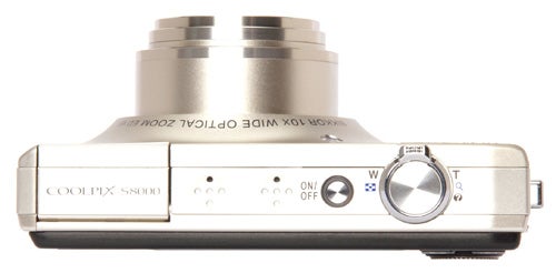 Nikon Coolpix S8000 compact camera top view.