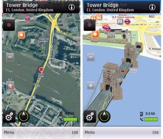 Screenshots of Nokia Ovi Maps showing Tower Bridge in 2D and 3D views.