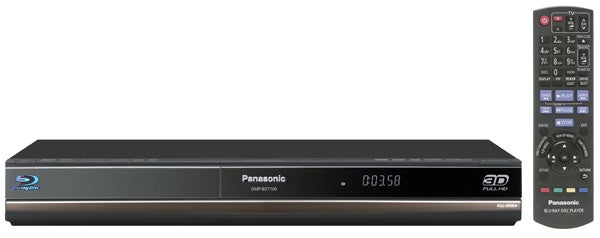 Panasonic DMP-BDT100 Blu-ray player with remote control.