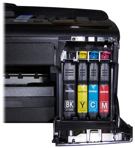 Brother MFC-J615W printer showing ink cartridges installation.