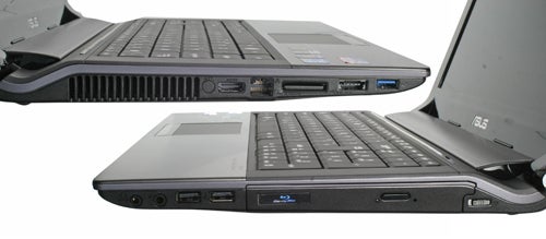 Asus N53JN laptop showing open ports and DVD drive.