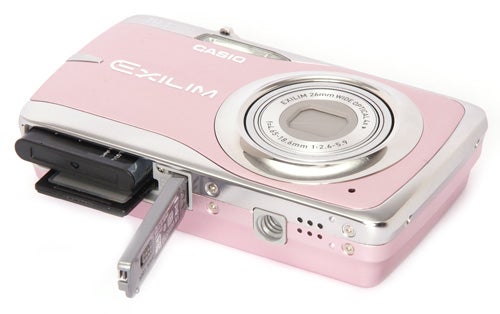 Casio Exilim EX-Z550 pink camera with open battery compartment.