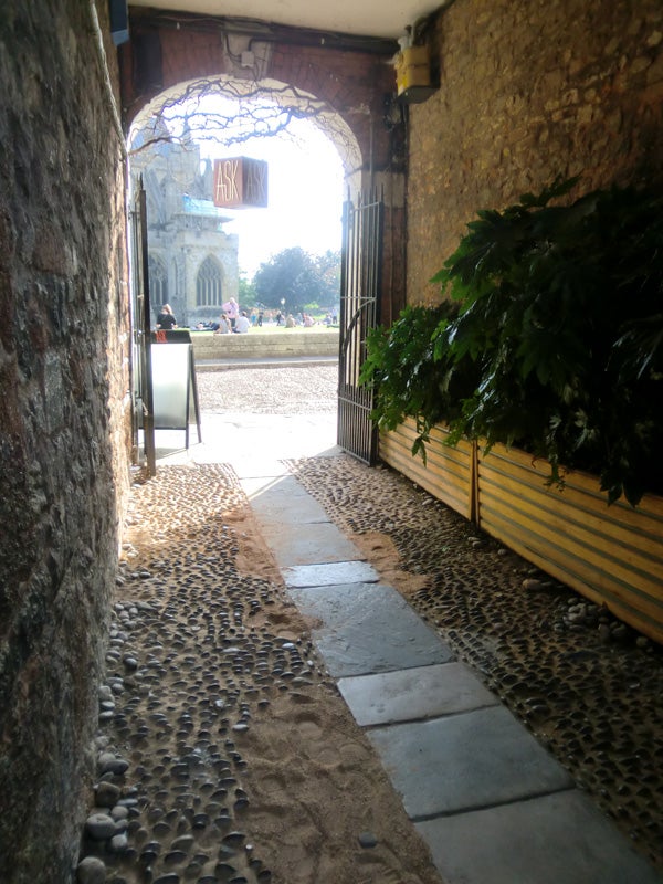 Cobblestone alleyway leading to sunny courtyard with trees and benches.