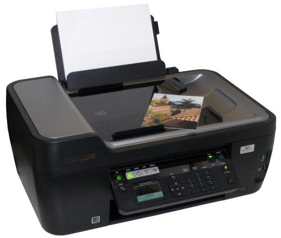 Lexmark Prospect Pro205 all-in-one printer with paper loaded.