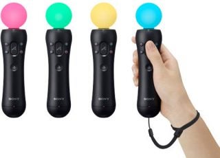 PlayStation Move controllers with different colored glowing orbs