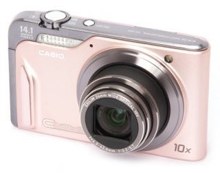 Casio Exilim EX-H15 camera in pink on white background.