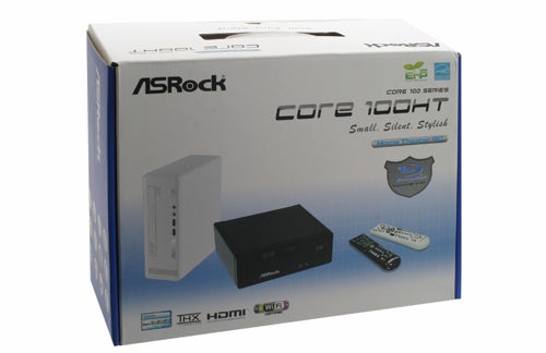 ASRock Core 100HT-BD mini PC packaging box.