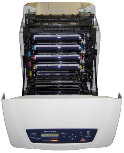 Xerox Phaser 6280 printer with open panels displaying toner cartridges.
